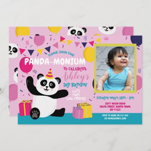 Invitation Anniversaire du Panda Panda-monium Photo rose (Devant / Derrière)