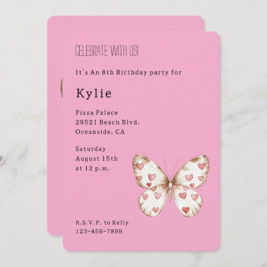 Invitation Anniversaire du papillon des Coeurs roses (Devant / Derrière)
