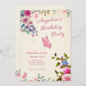 Invitation Anniversaire du papillon rose (Devant / Derrière)