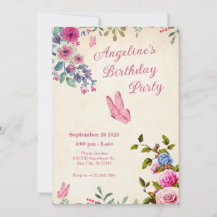 Invitation Anniversaire du papillon rose