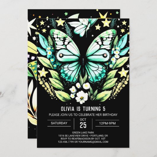 Invitation Anniversaire du papillon vert de Sage moderne (Devant / Derrière)