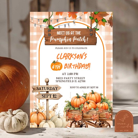 Invitation Anniversaire du patch citrouille de plaid orange