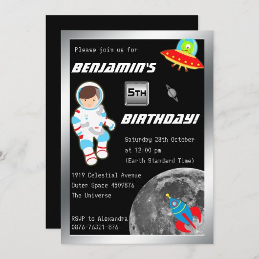 Invitation Anniversaire du petit astronaute dans l'espace ext (Devant / Derrière)