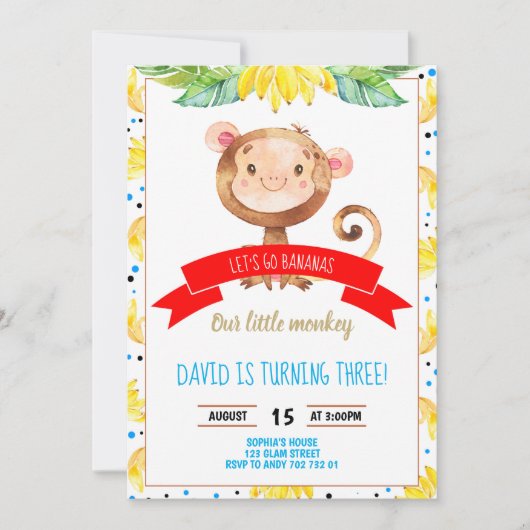 Invitation Anniversaire du petit singe Bananas Jungle Boy (Devant)