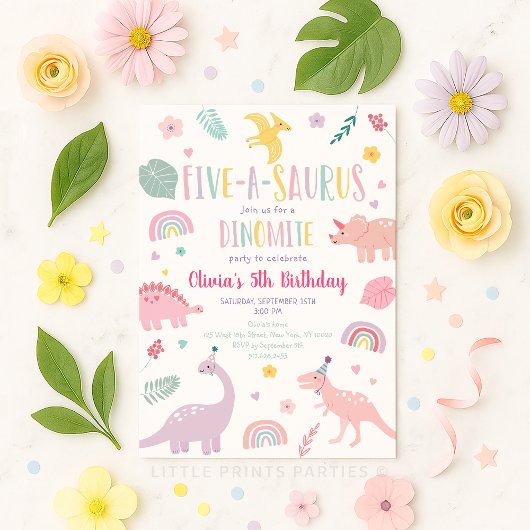 Invitation Anniversaire du Pink Pastel Dinosaur à cinq saurus