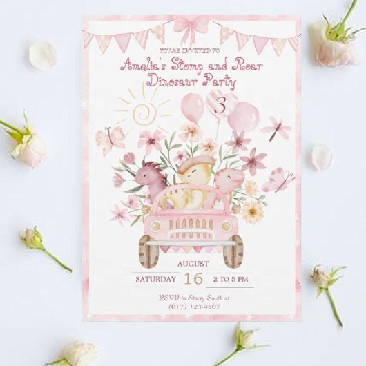 Invitation Anniversaire du rose Stomp et des dinosaures