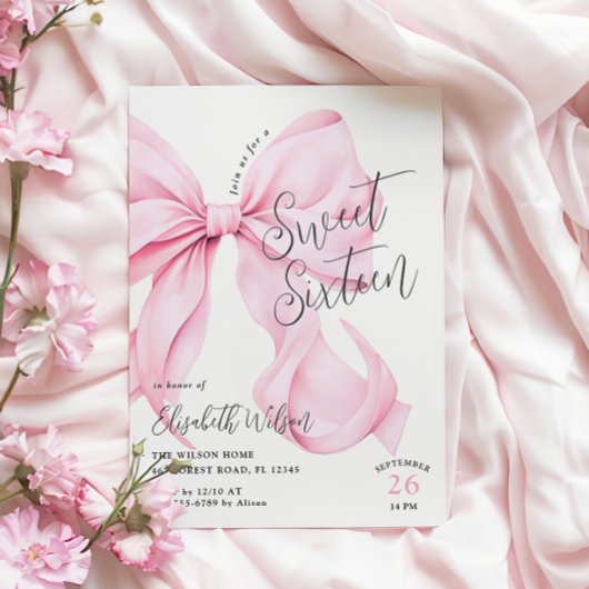 Invitation Anniversaire du Sweet sixteen rose Bow