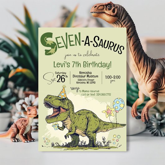 Invitation Anniversaire du T-Rex Dinosaure Sept-A-Saure 7 ans