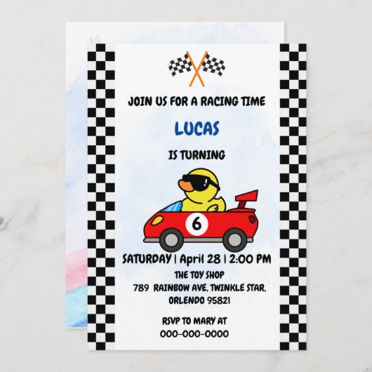 Invitation Anniversaire Duck race car garçon course rouge nom (Devant / Derrière)
