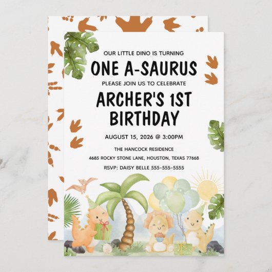 Invitation Anniversaire d'un A-Saurus Dinosaur (Devant / Derrière)