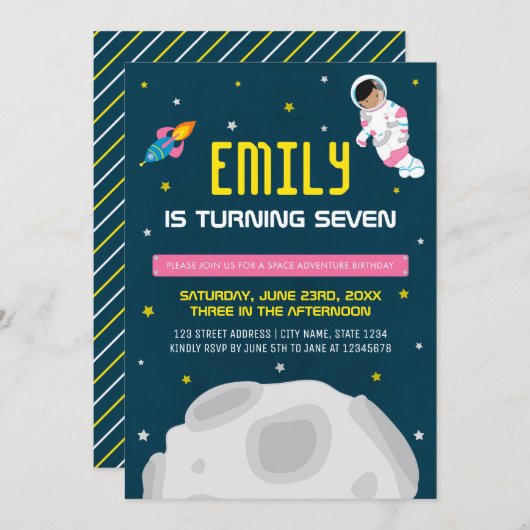 Invitation Anniversaire d'une astronaute rose (Devant / Derrière)