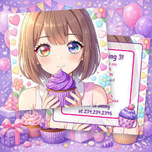 Invitation Anniversaire d'une fille Anime Cœurs et gâteaux