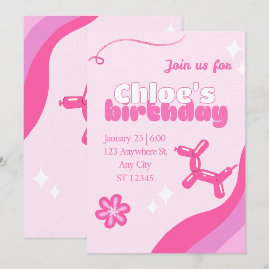 Invitation anniversaire editable rose mignonne (Devant / Derrière)