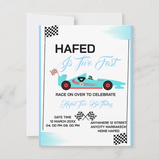 Invitation anniversaire Editable TWO FAST, voiture (Devant)