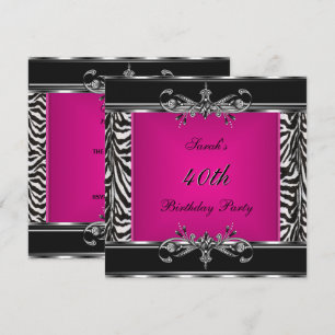 Invitation Anniversaire élégant 40 ans Zèbre rose Noir Argent