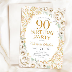 Invitation Anniversaire élégant 90 ans Crème Or Floral
