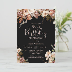Invitation Anniversaire élégant 90 ans Fleurs aquarelle rose