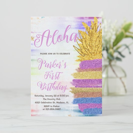 Invitation Anniversaire élégant Aloha violet arc-en-ciel anan (Debout devant)