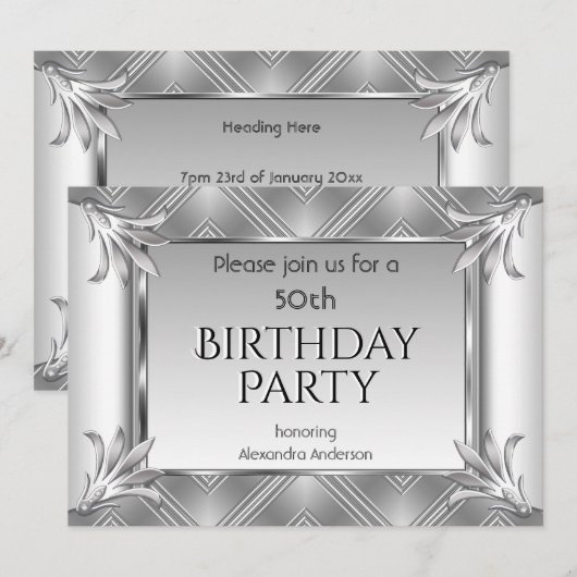 Invitation Anniversaire élégant Art Déco Argent Chrome (Devant / Derrière)