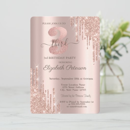 Invitation Anniversaire élégant avec gouttes de paillettes Ro (Debout devant)