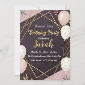 Invitation anniversaire élégant ballon d'or noir rose (Devant)