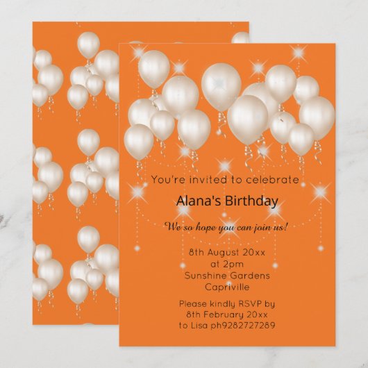 INVITATION ANNIVERSAIRE ÉLÉGANT BALLON MODERNE ORANGE CLAIR (Devant / Derrière)
