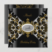 Invitation Anniversaire Elegant Black Silver Gold Party 50e (Devant / Derrière)