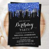 Invitation Anniversaire élégant bleu noir argent paillettes g
