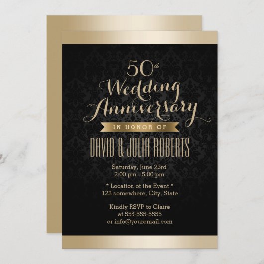 Invitation Anniversaire élégant de Black & Gold Mariage damas (Devant / Derrière)
