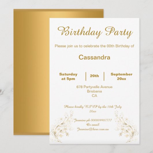 INVITATION ANNIVERSAIRE ÉLÉGANT D'OR ET BLANC PERSONNALISÉ (Devant / Derrière)