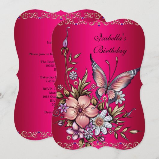 Invitation Anniversaire Élégant Fushia Rose Floral Papillon (Devant / Derrière)