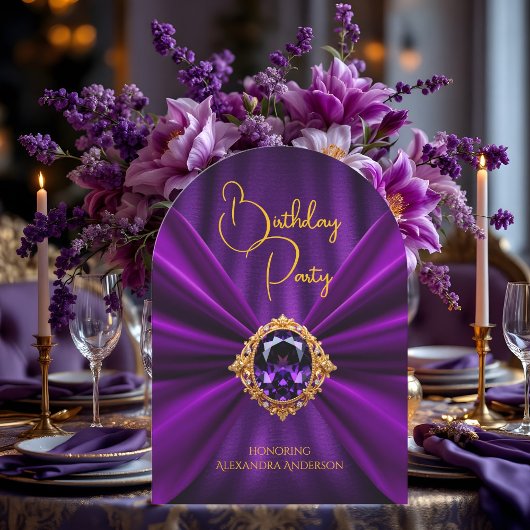 Invitation Anniversaire élégant Joyau d'or violet Faux Soie