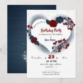 Invitation anniversaire élégant marine & coeur floral rouge (Devant / Derrière)