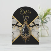 Invitation Anniversaire élégant Noir Blanc Marbre Bijou Or (Debout devant)