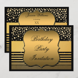 Invitation Anniversaire élégant noir et or pois et rayures