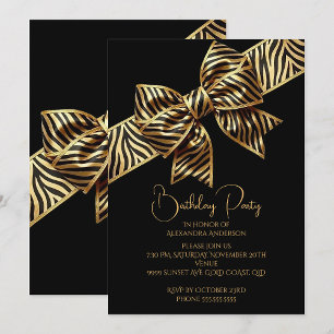 Invitation Anniversaire Élégant Noir Or Sauvage Rayure de Zèb