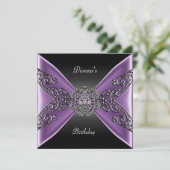 Invitation Anniversaire élégant Noir Violet Bijou Argent (Debout devant)