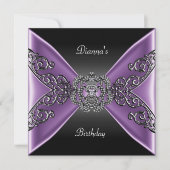Invitation Anniversaire élégant Noir Violet Bijou Argent (Devant)