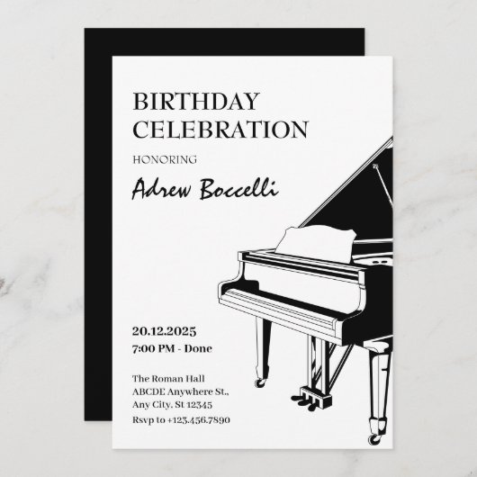 Invitation Anniversaire élégant Piano classique (Devant / Derrière)