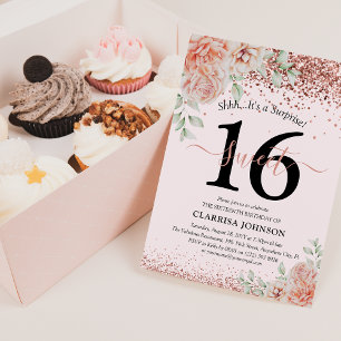 Invitation Anniversaire élégant rose floral et paillettes 16