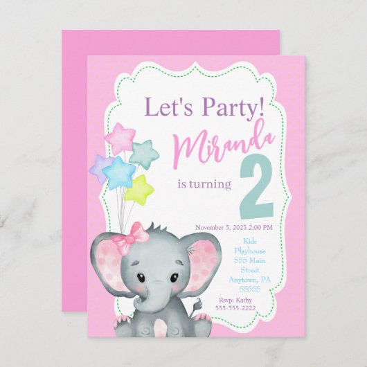 Invitation anniversaire éléphant, invitation d'ann (Devant / Derrière)