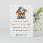 Invitation anniversaire éléphant modifiable à pois (Debout devant)