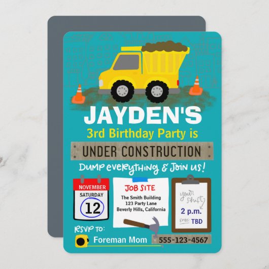 Invitation Anniversaire En Construction (Devant / Derrière)