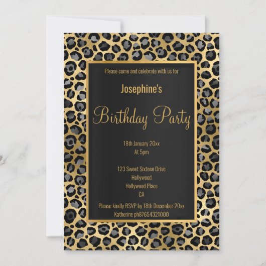 INVITATION ANNIVERSAIRE EN NOIR ET EN OR 2 LÉOPARD (Devant)