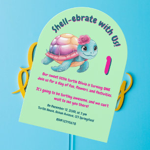 Invitation Anniversaire Enfant Fille Tortue Florale Mignonne