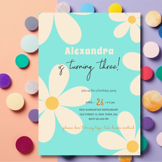 Invitation Anniversaire enfant fleur rétro Daisy