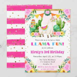 Invitation Anniversaire Enfant Llama Floral Été Aquarelle