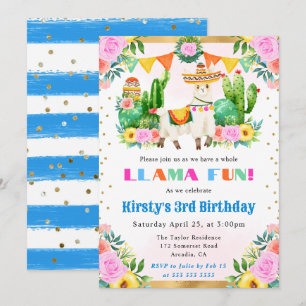 Invitation Anniversaire Enfant Llama Floral Été Aquarelle