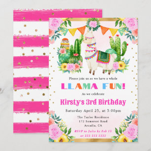 Invitation Anniversaire Enfant Llama Floral Été Aquarelle