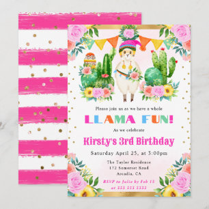 Invitation Anniversaire Enfant Llama Floral Été Aquarelle